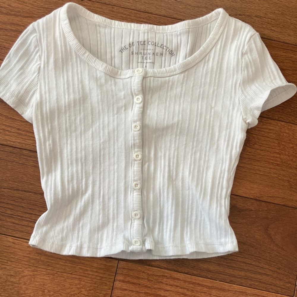White button front ribbed crop top Aero OG Tee Collection shrunken tee sz S